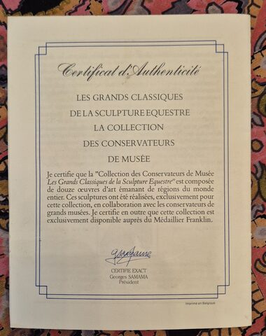 Collection complète "Grands Classiques de la Sculpture Équestre" – Médaillier Franklin – vitrine 12 niches + certificat