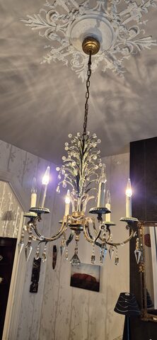 Lustre ancien bronze doré pendeloques cristal – style Louis XVI – 6 bras